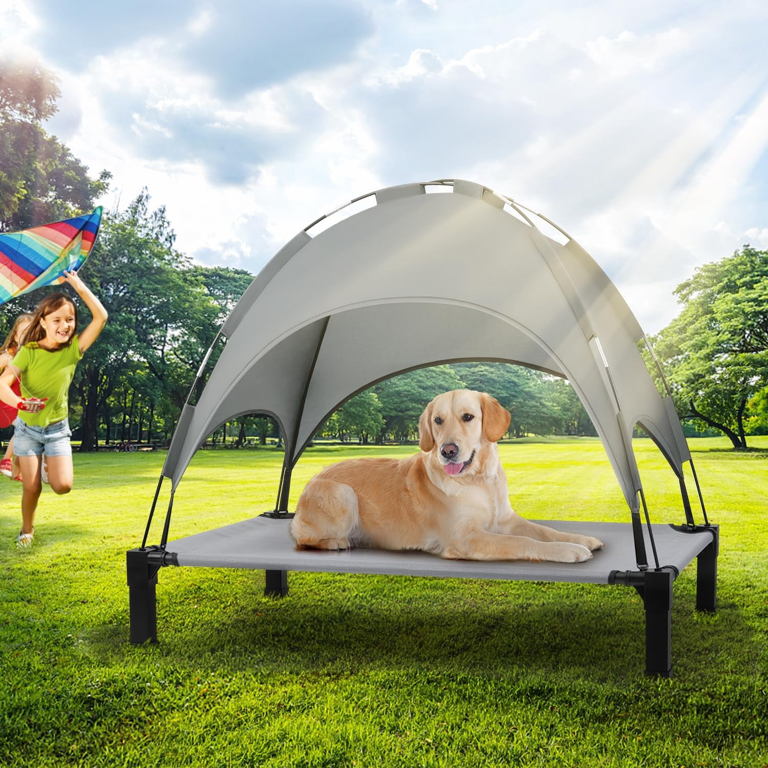 Elevated Dog Bed with Canopy, Outdoor Dog Bed Cot with Removable Shade Tent, Portable Raised Pet Cot Cooling Bed for Dogs and Cats, Grey, 51" x 36"