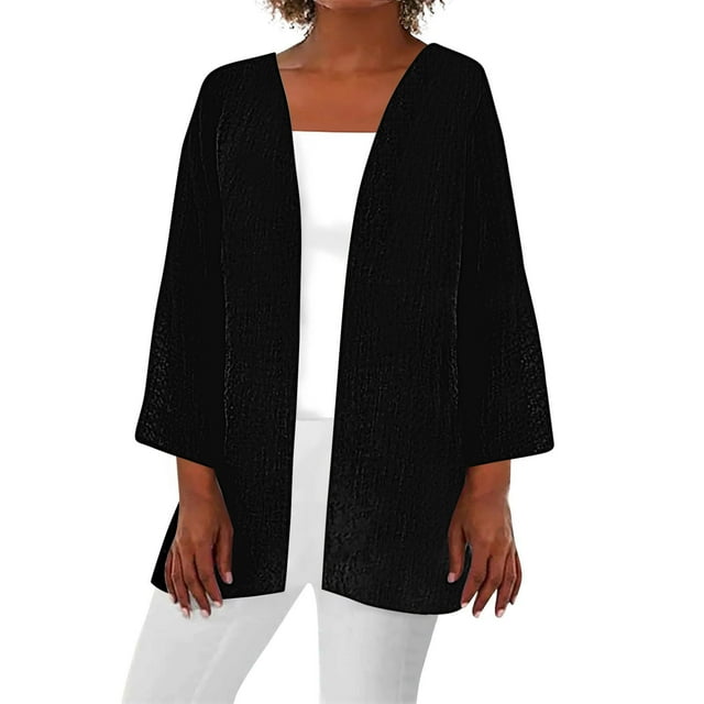 Timegard Cardigan à Manches 3/4 pour Femmes, Manteaux Légers à devant Ouvert, Automne, Couleur Unie, Hauts Amples et Fins