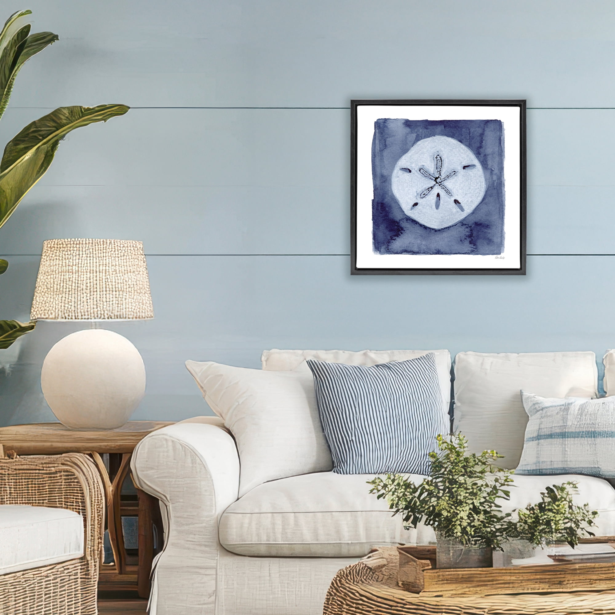 Stupell Industries White Sand Dollar on Indigo Black Framed Floater Canvas Wall Art, design by Patti Bishop