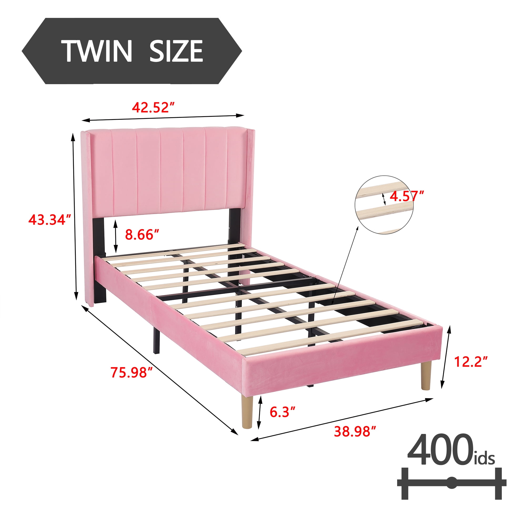 alazyhome Twin Size Upholstered Platform Bed Frame, Easy Assemble, Pink