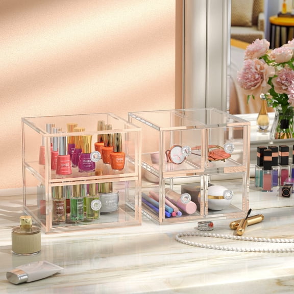 NIUBEE Stackable Storage Drawers, Acrylic Storage Containers, Glam Bathroom Counter Clear Drawers Organizer with 4 Box for Makeup, Jewelry, Beauty Supplies