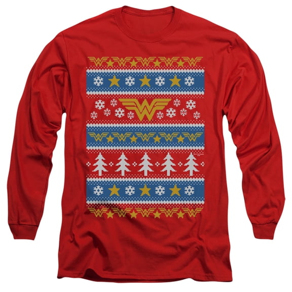 DC Wonder Woman ChristmaS/Sweater Long Sleeve Adult 18/1 T-Shirt Red