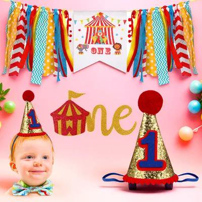 MIPCASE 3 Pcs Circus Theme Decorations Cloth Multi Colored Cake Flag Crown Hat Set