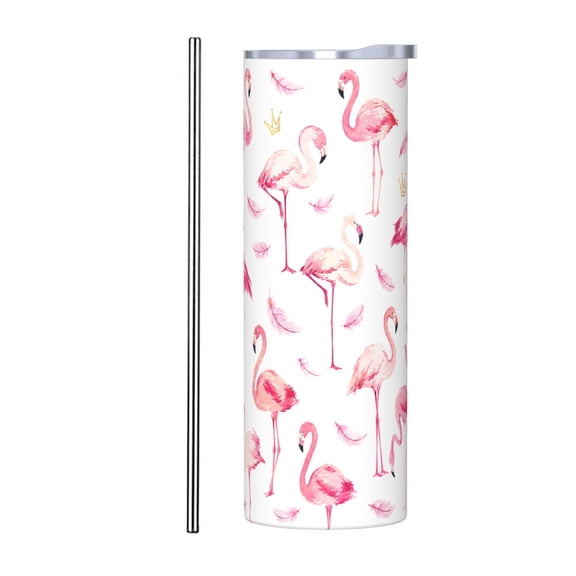 20oz Flamingo Pattern Car Tumbler 20oz Insulated Travel Cup Large Capacity Coffee Cup Pink Flamingo Feather Design Gift for Women Men Birthday Holiday Gift with Stainless Steel Straw