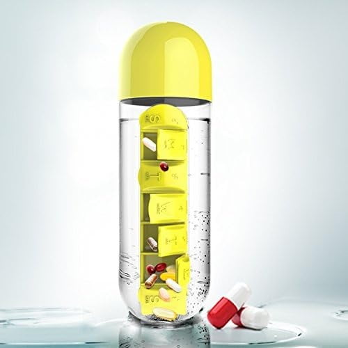 20 oz Daily Medicine Storage Box and Water Bottle Combination,7-Day Water Bottle with Pill Organizer Case(Yellow)