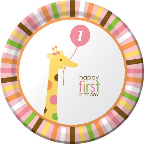 Sweet at One Girl Pink Zoo Animal 1st Birthday Party 9" Paper Dinner Plates