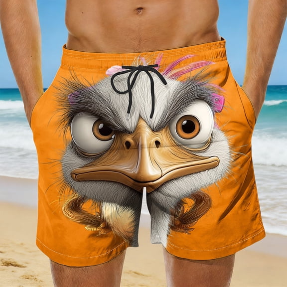 Mens Trunks Swim Funny Ostrich Graphic Swim Trunks Quick Dry Elastic Waist Board Shorts Drawstring Breathable Summer Beach Pool Wear