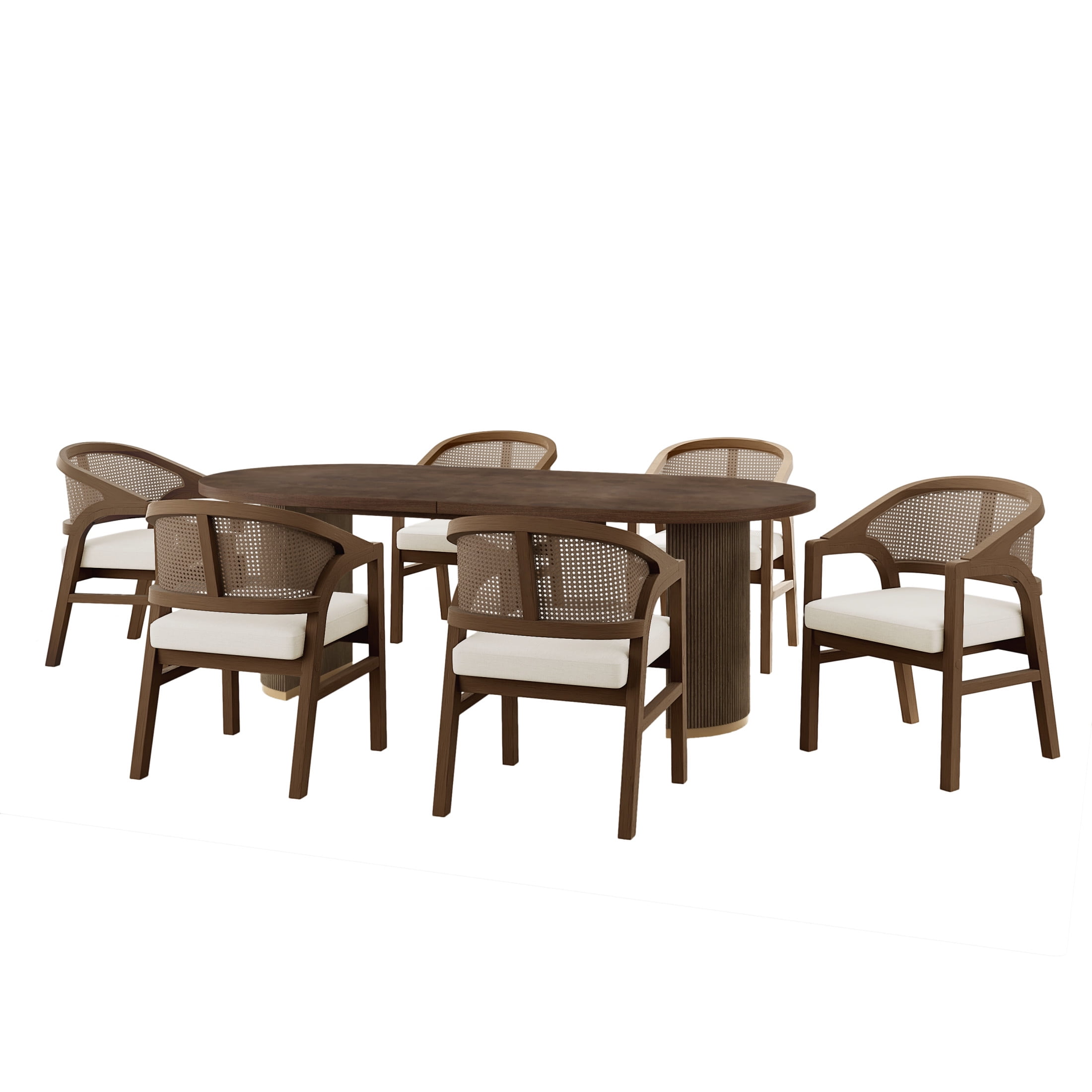 Christopher Knight Home 7-Piece Dining Set, Oval Double Pedestal Table and Rattan Back Wooden Chairs, Walnut+Beige
