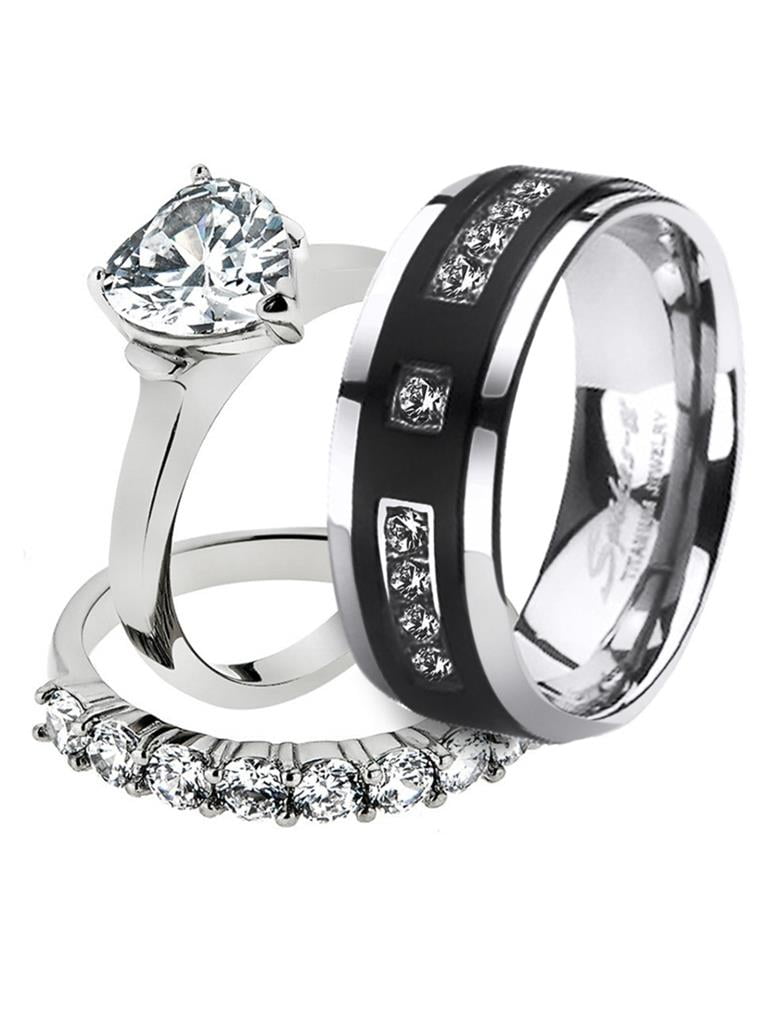 His & Her 3pc Stainless Steel 2.70 Ct Cz Bridal Set & Mens Titanium Wedding Band