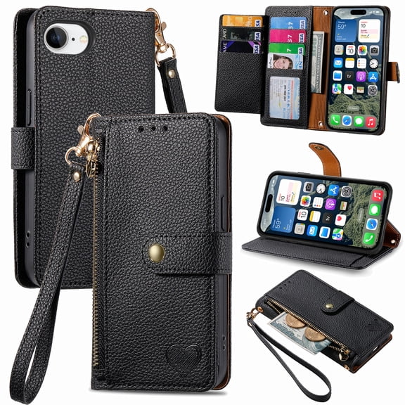 Allytechgroup Wallet Phone Case for iPhone 16e with Lanyard, PU Leather Flip Case with Credit Card Slot Anti-Scratch Shockproof Protective Back Cover for iPhone 16e, Black