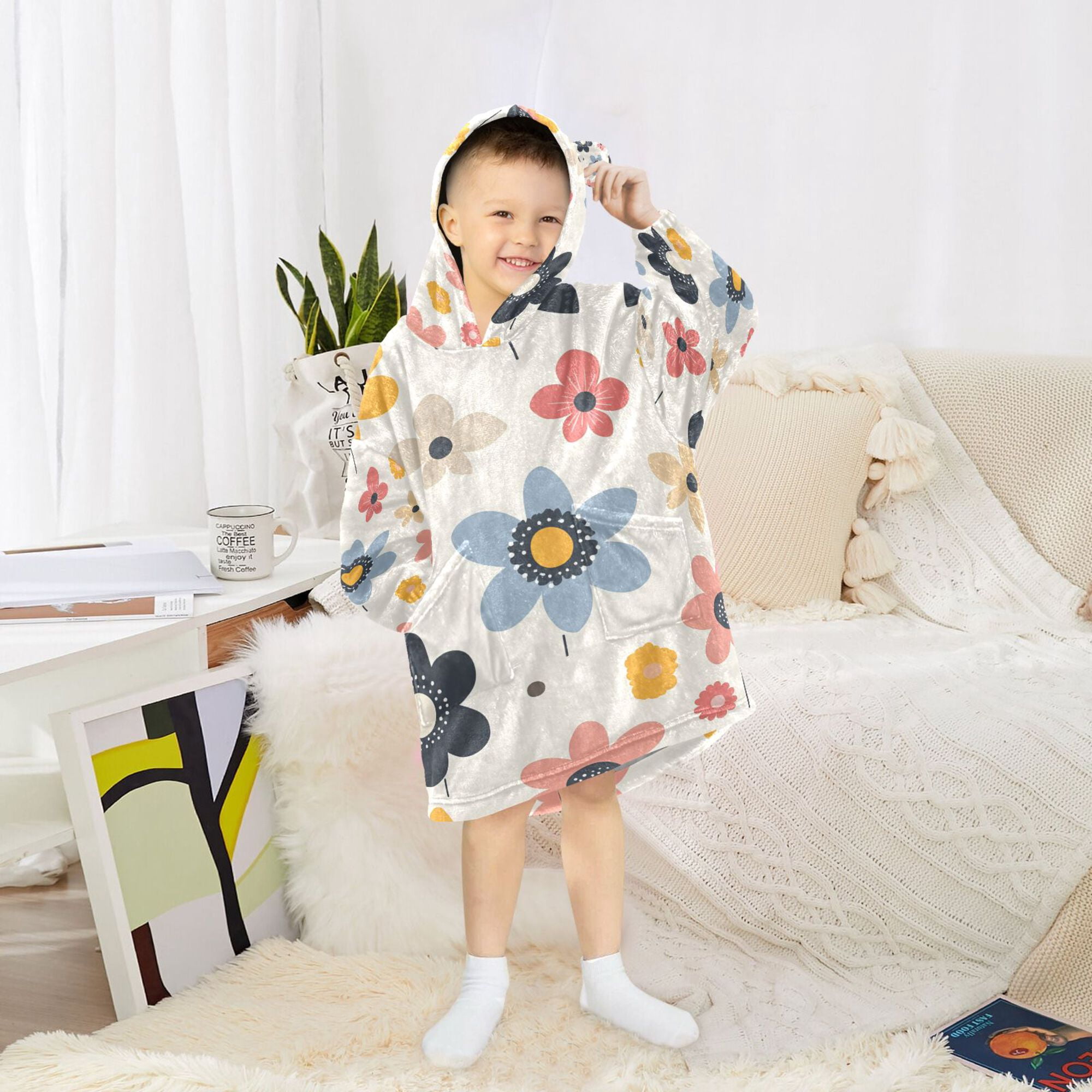 FORMRS Wearable Blanket Hoodie with Sleeves for Kids Cozy Flannel Sweatshirt, Beige Retro Flower