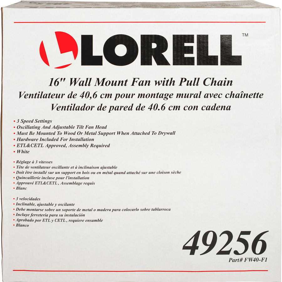 Lorell Pull-chain Wall-Mounting 3-speed Fan, Each