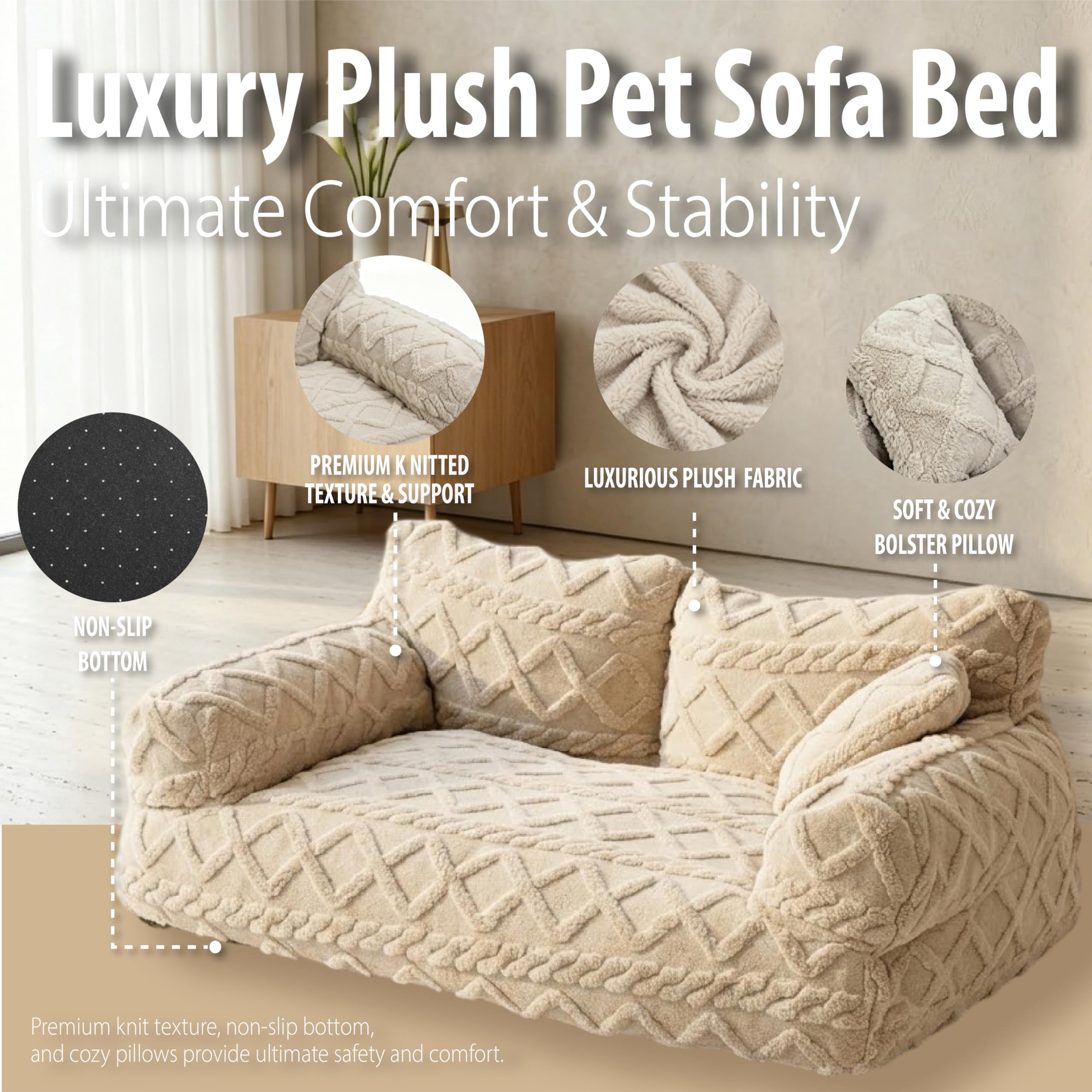 Plush Calming Pet Sofa Bed – Large Dog & Cat Couch Bed with Removable Cover, Furniture Protector Mat for Couch & Car, Soft Cozy Pet Bed