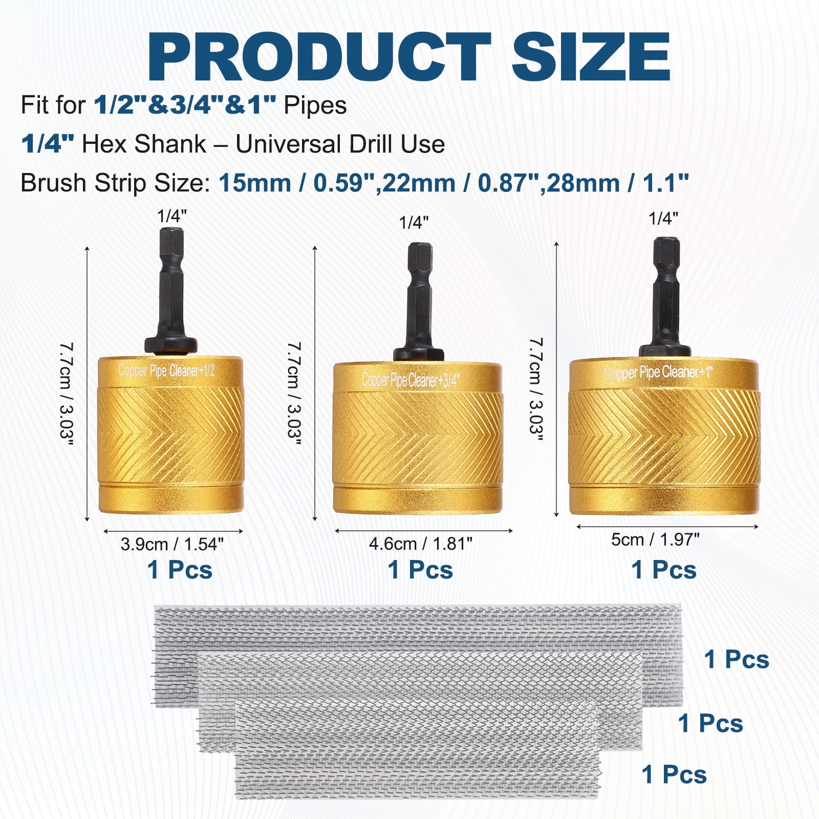 Uxcell 1/2"&3/4"&1" 1/4" Metal Copper Pipe Cleaner Set, Hex Drill Powered Pipe Brush Replacement Plumbing Tools with 3 Brushes for Removing Dust Rust Copper Various Metal Pipes, Gold