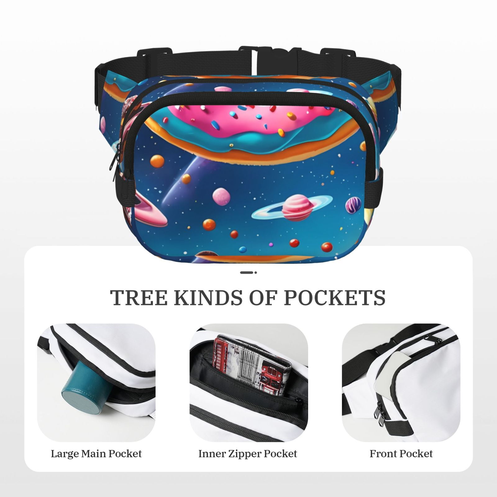 Picia Colorful Donut Print Square Double-Layer Waist Bag Mini Adjustable Waist Belt Bag Exercise Running Travel Hiking