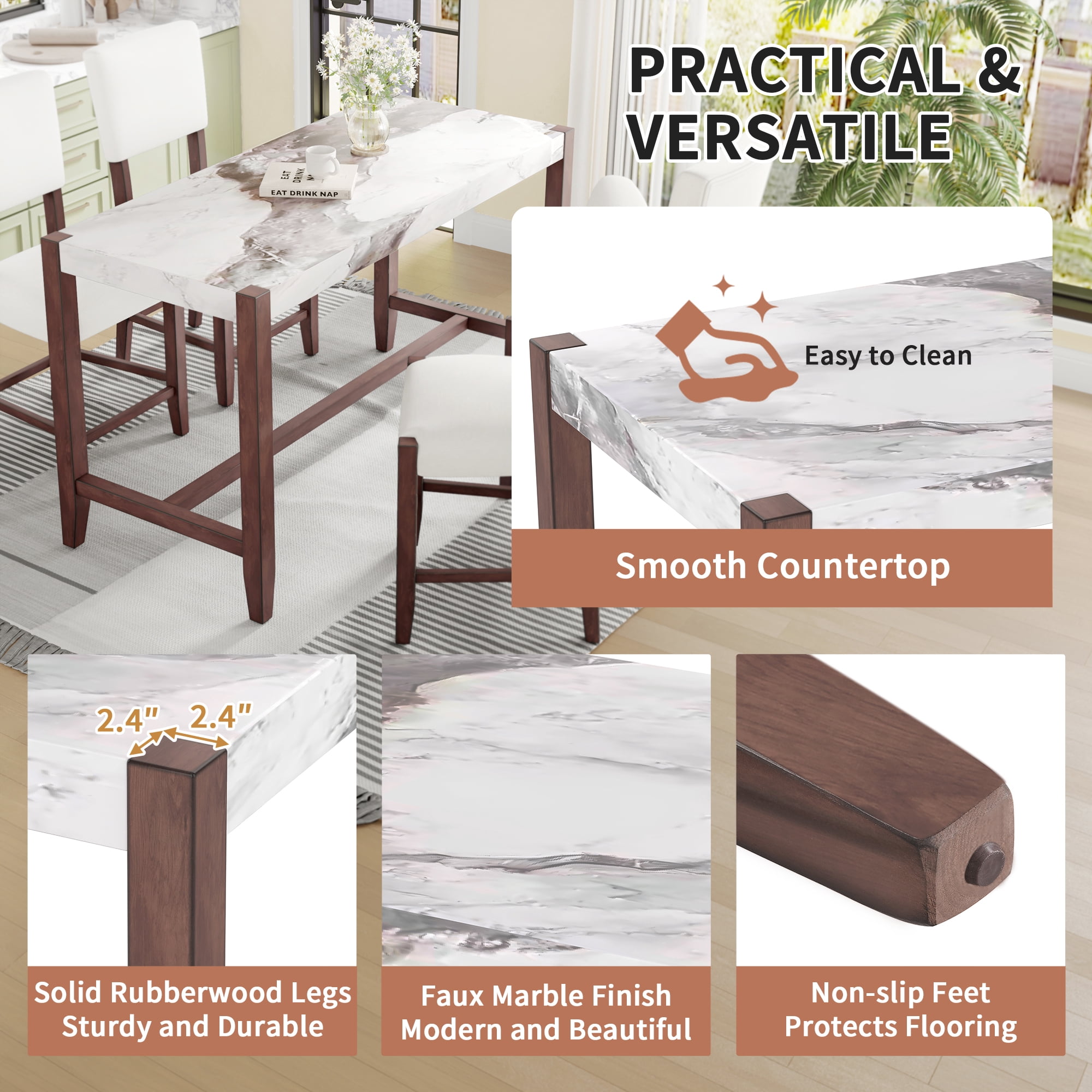 Euroco 3-Piece Counter Height Dining Table Set for 2, 47" Faux Marble Bar Table with 4 Upholstered Chairs and Solid Wood Frame,Mid-century Modern Dining Set for Dining Room,Perfect for Small Spac
