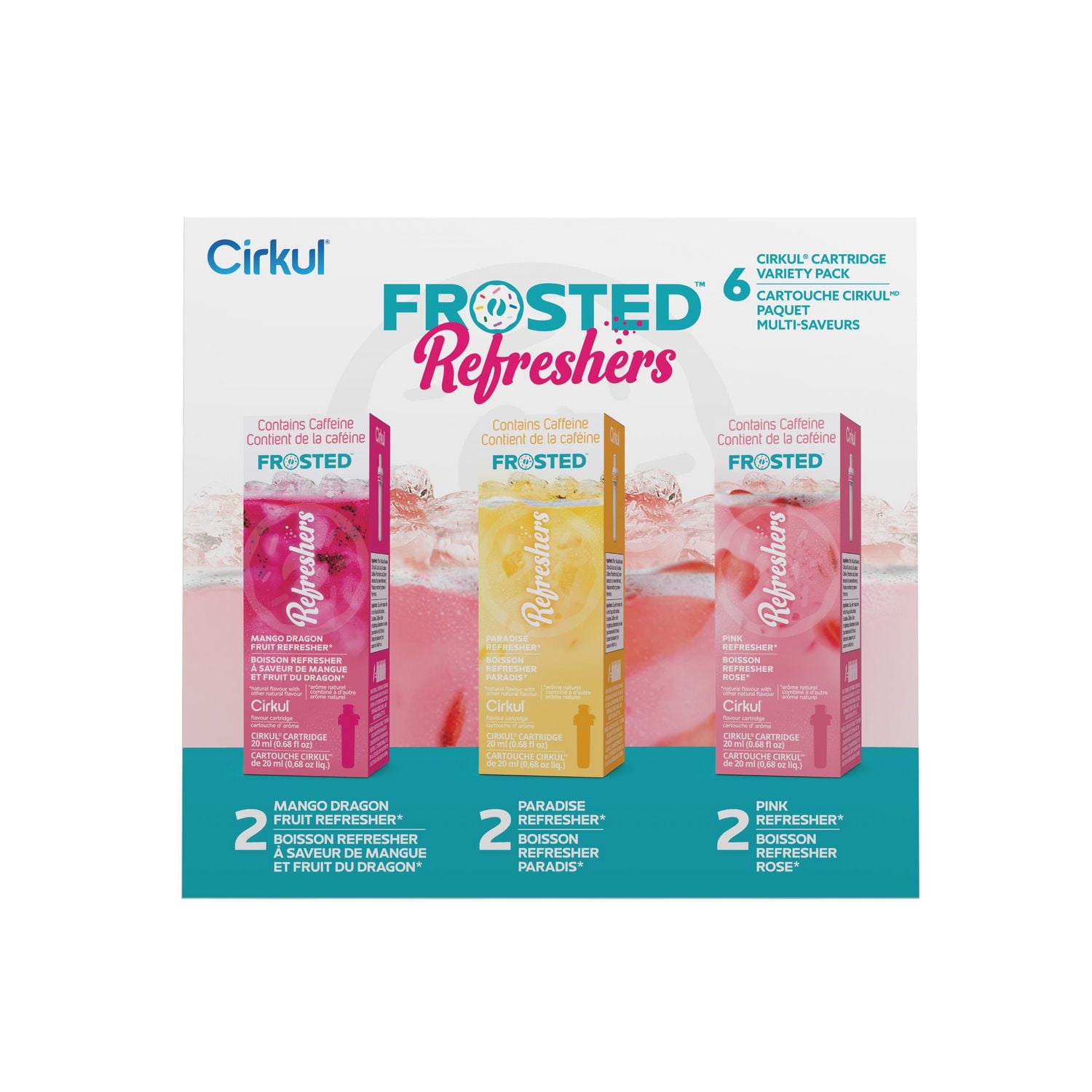 Cirkul Frosted Refreshers Flavour Cartridge Variety Pack, 6 Pack (2 Mango Dragon Fruit Refresher, 2 Paradise Refresher, and 2 Pink Refresher)., Cirkul Sip® flavour cartridges, 6-pack