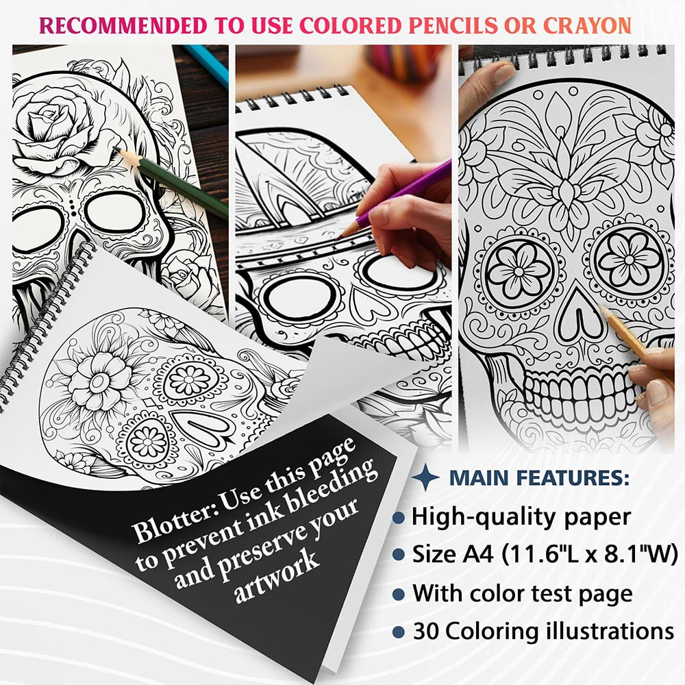 NETHOUSE Sugar Skull Coloring Book For Adults Relaxation & Stress Relief, 30 Coloring Pages of Sugar Skulls, Vibrant Day of the Dead Designs, Floral Patterns, and Festive Skull Art