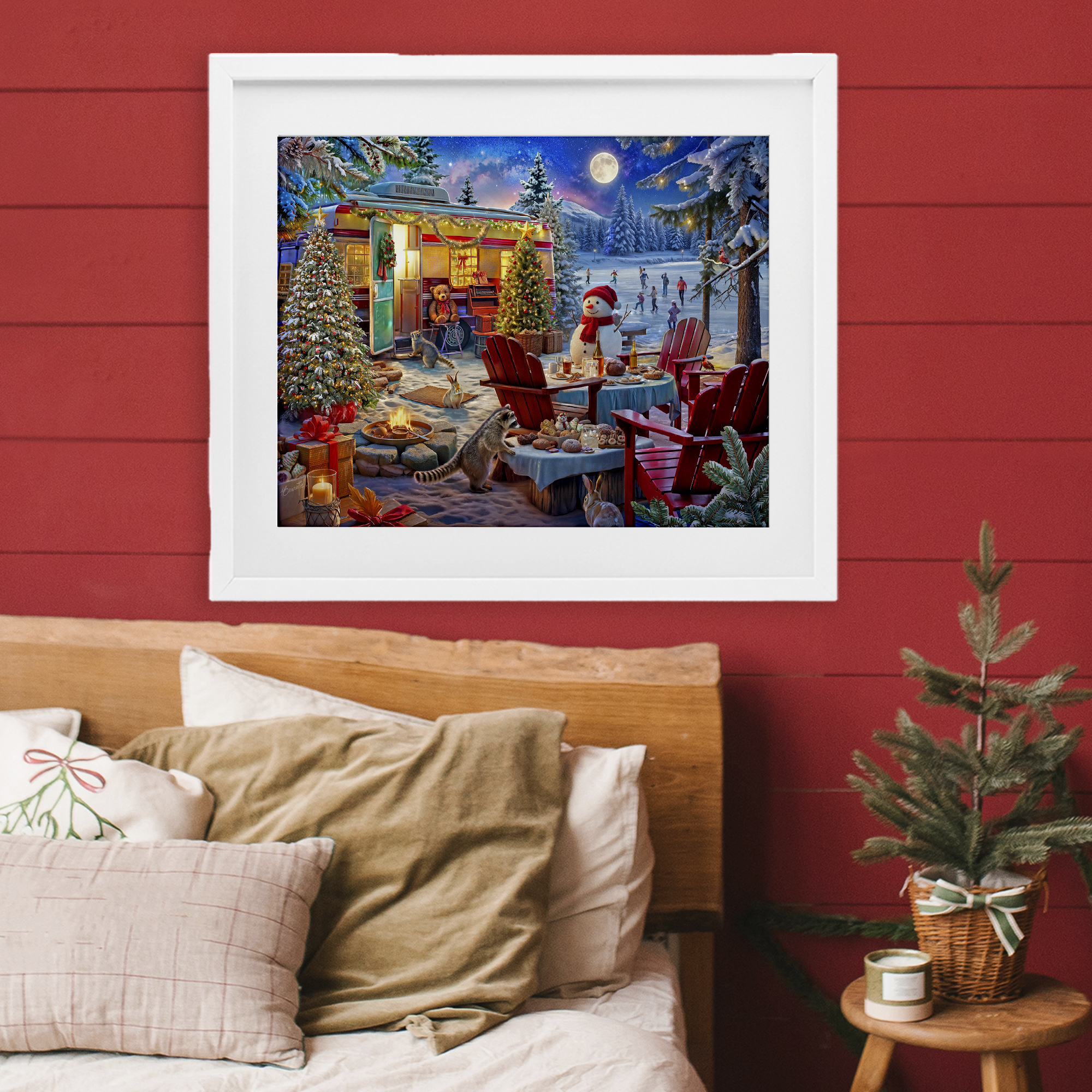 Winter Holiday Camper Party White Framed Print Under Glass, design by Henriette Chinaglia