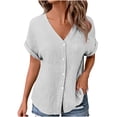 thumbnail image 3 of Women's V-Neck Button Up Short Sleeve Shirt Top Pullover Jacket Pocket Casual Loose Fit Solid Color Fashion Summer | CSEONE,White XL, 3 of 9