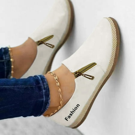 

Aayomet Casual Dress Shoes for Women Comfortable Ladies Fashion Solid Color Round Toe Shallow Mouth Side Zipper Flat Casual White 8