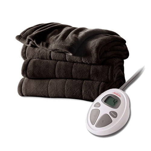 Sunbeam Channeled Velvet Plush Electric Heated Blanket Twin Size Walnut