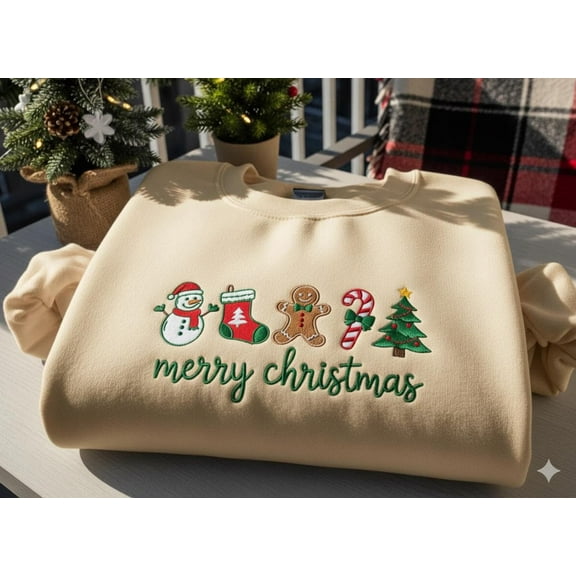 Merry Christmas Embroidered Sweatshirt, Gingerbread Candy Cane Tree Sweater, Festive Winter Gift for Women