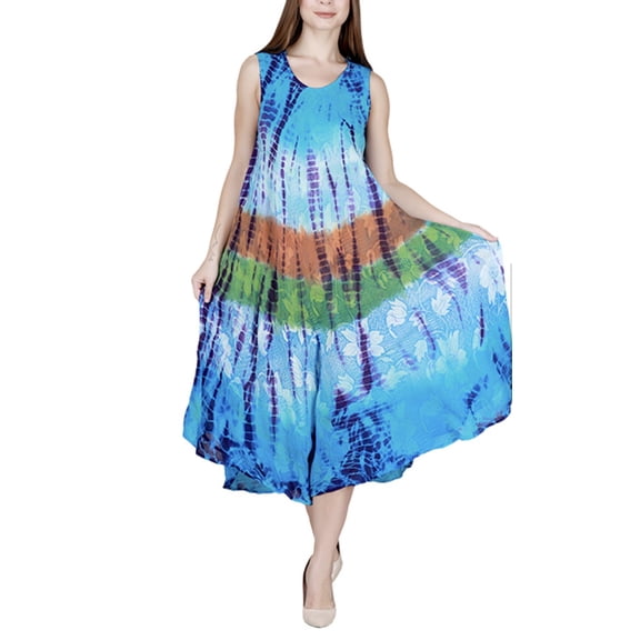 Womens Summer Sun Dress Umbrella Tie Dye Flower Beach Resort Wear Boho Hippie