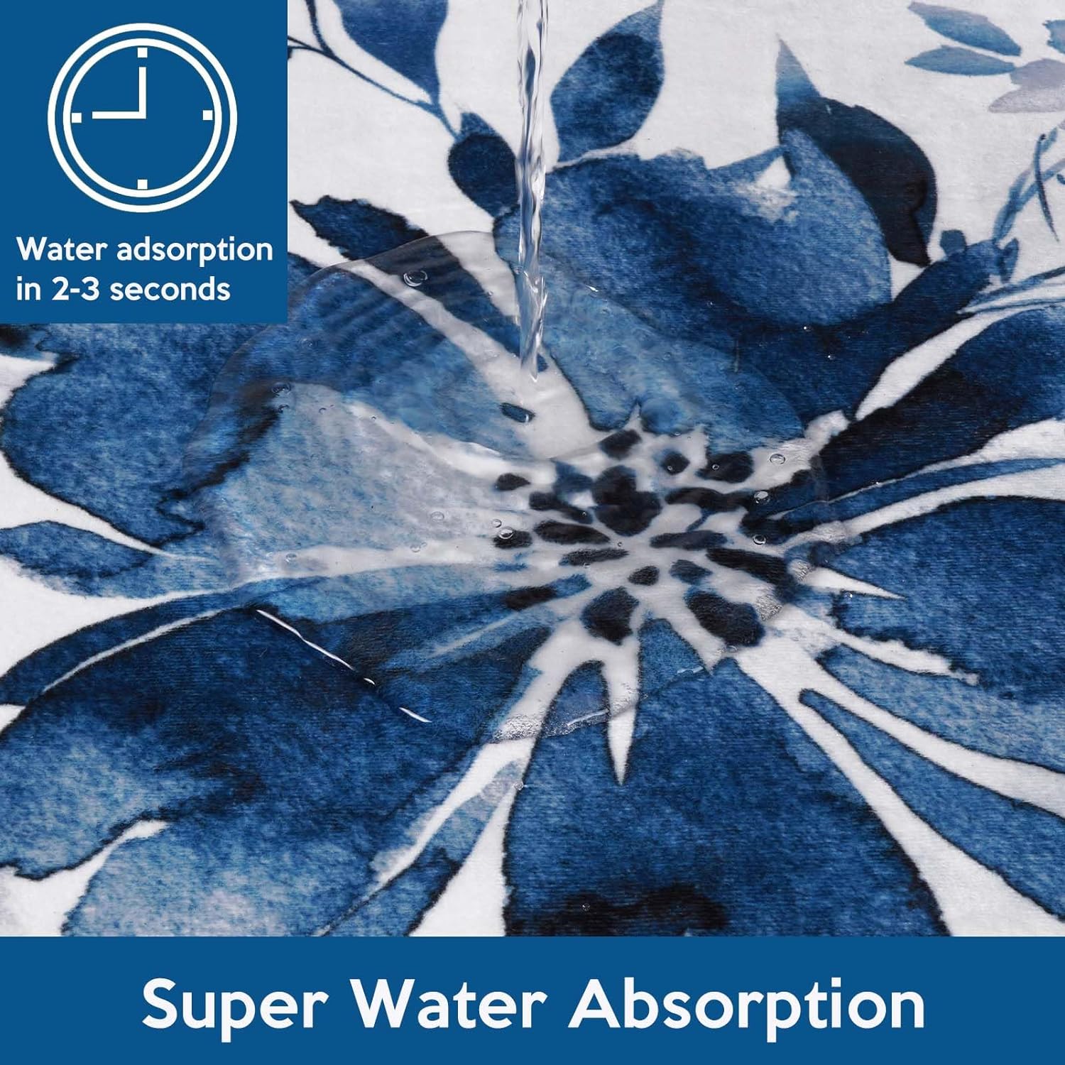 Blue Floral Bathroom Rug Sets 2 Piece, Absorbent Bath Mats for Floor, Watercolor Ink Flowers Bath Rugs for Bedroom, Front Door, Kitchen, Modern White Bathroom Decor, 17.3"x 30" +17.3"x 47"
