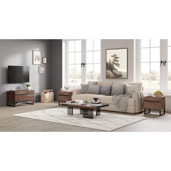 Modern 3-Piece Living Room Set, 35 Inch TV Stand And 2 End Table Sets With 2 Drawers, Media Console with Storage Shelves, Sturdy Wood Frame & Metal Legs, Contemporary Furniture for Living Room,Brown