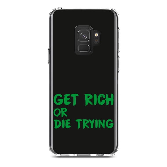 DistinctInk Clear Shockproof Hybrid Case for Samsung Galaxy S9 (5.8" Screen) - TPU Bumper, Acrylic Back, Tempered Glass Screen Protector - Get Rich or Die Trying - Black & Green
