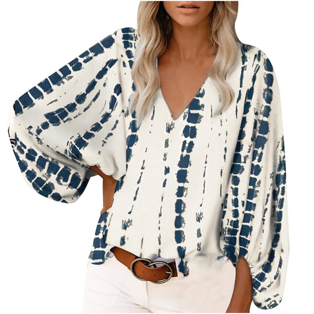 EQWLJWE Blouses à Manches Longues pour Femmes Chemise Ample Confortable Col en V Mode Imprimé Manches Lanterne