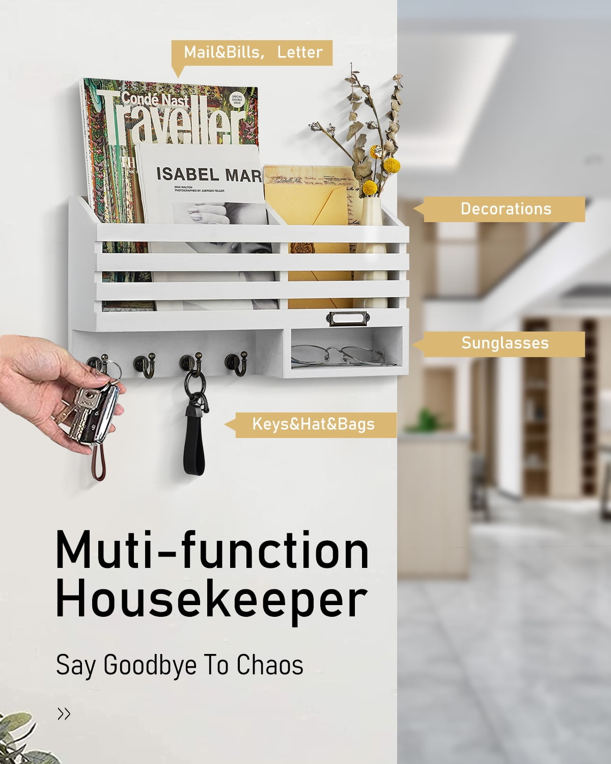 Key Holder for Wall,Dinosam Double Mail Organizer Wall Mount with Store Shelf and 4 Sturdy Hooks,Hanging Key Rack Hanger for Entryway, Hallway, Bedroom, Living Room and Office,White