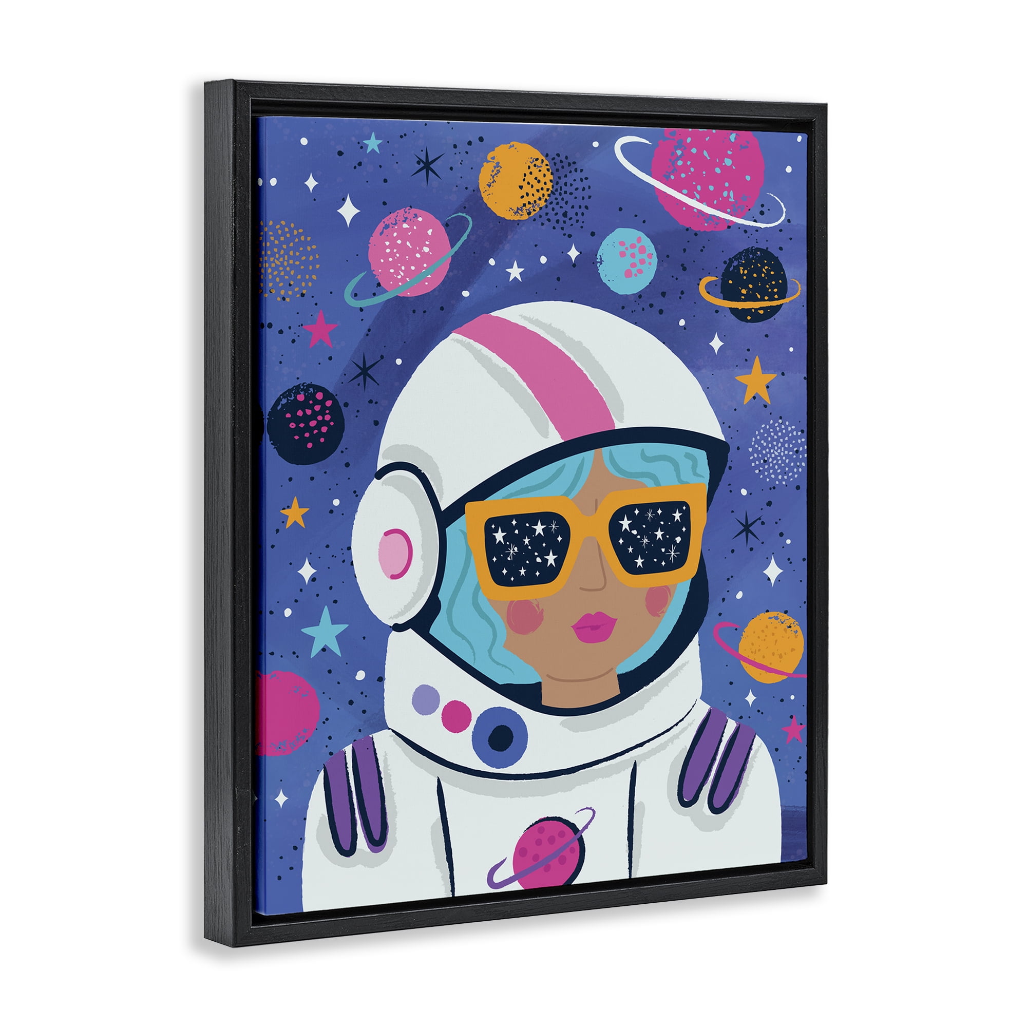 Stupell Industries Astronaut Gal in Space Astrology & Stars Painting Black Floater Framed Canvas Art Print Wall Art, 25 x 31