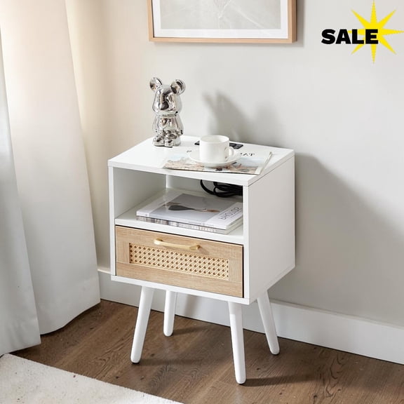 GZXS Modern Farmhouse Rattan Bedside Table with USB & AC Outlets, 2-Tier Nightstand with Drawer and Open Shelf, Compact End Table with Charging Station for Bedroom, Living Room, White