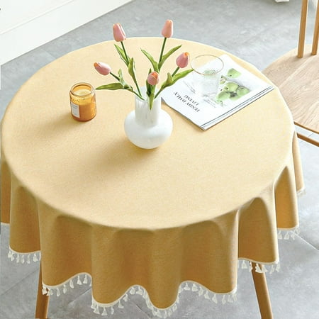 

XIACOCO-Round Textured Tablecloth Waterproof Cotton Linen Tassel Wrinkle Free Washable Decorative Fabric Table Cover For Kitchen Dining Table Round-48 Yellow