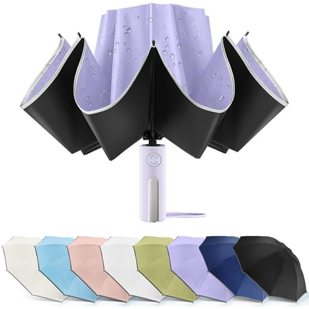Inverted Umbrella - Large Windproof for Rain & Sun Compact Reverse With Reflective Stripe Teflon-Coated for Women Men Travel Folding With Cover Bag 46 IN