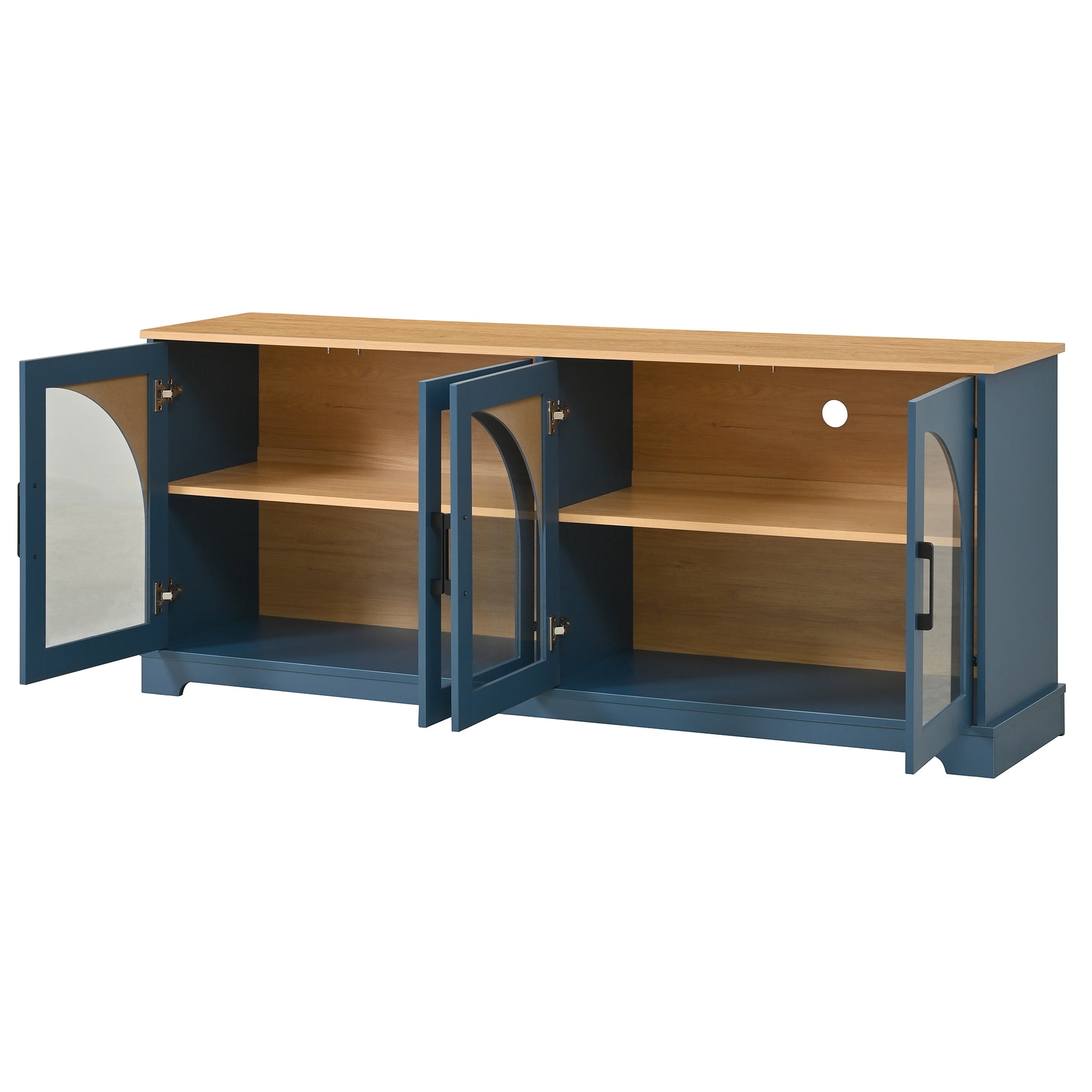 PORKISS Two-Tone TV Stand for 70", Vintage Media Console Cabinet with 4 Arched Tempered Glass Doors, Entertainment Center with Cable Management and Storage, Blue