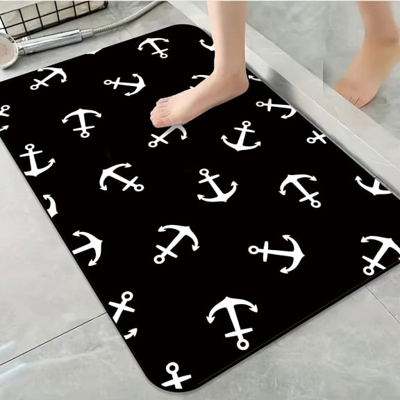1pc Anchor Black and White Bathroom Rug Bathroom Decor and Qccessories- Durable,Anti Slip,And Quick Drying,Suitable For Indoor/outdoor Use - Perfect For Bathrooms,Bedrooms,Kitchens