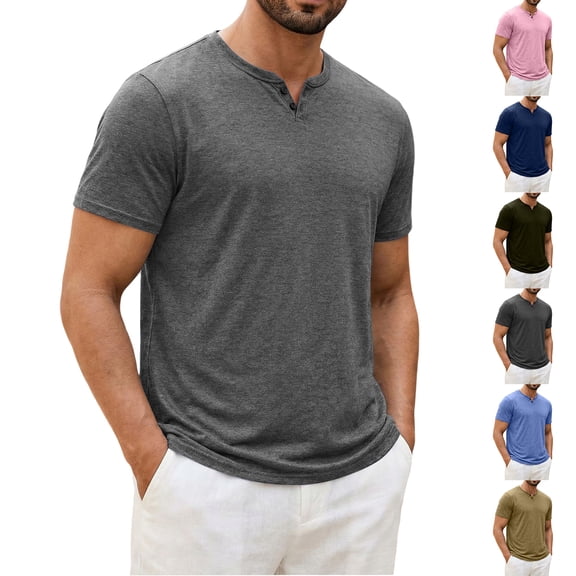 Mens Henley Lightweight Shirts Short Sleeve Casual Cotton Button T-Shirts Summer Basic Tee, L