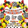 Race Car Birthday Party Decoration Set Include Racing Balloon Arch Garland Kit Racing Car Birthday Banner Checkered Flags Cake Topper for Kids Boys Racing Birthday Party Supplies