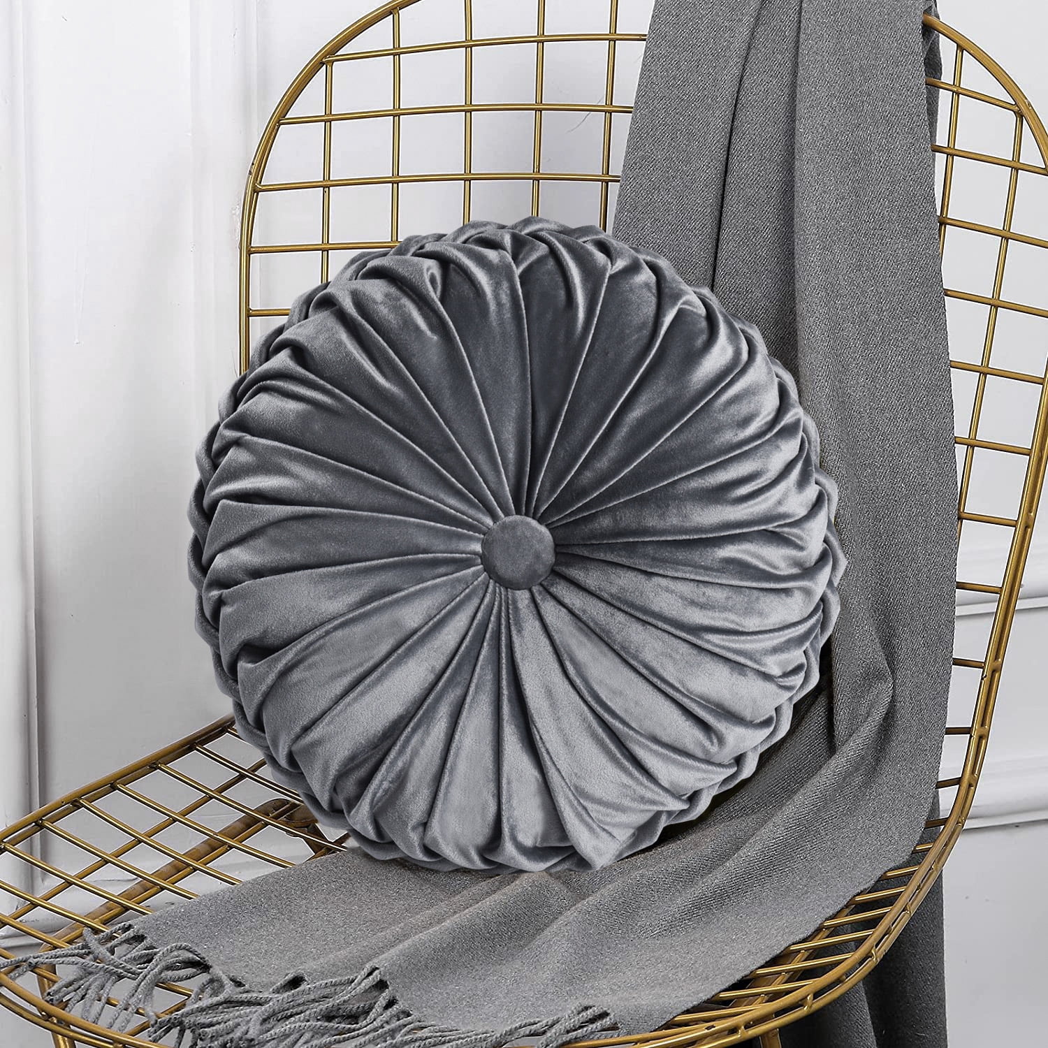 HIG Set of 2 Pumpkin Pleated Round Throw Pillows, Soft Velvet, Dark Gray, 14.5" Diameter