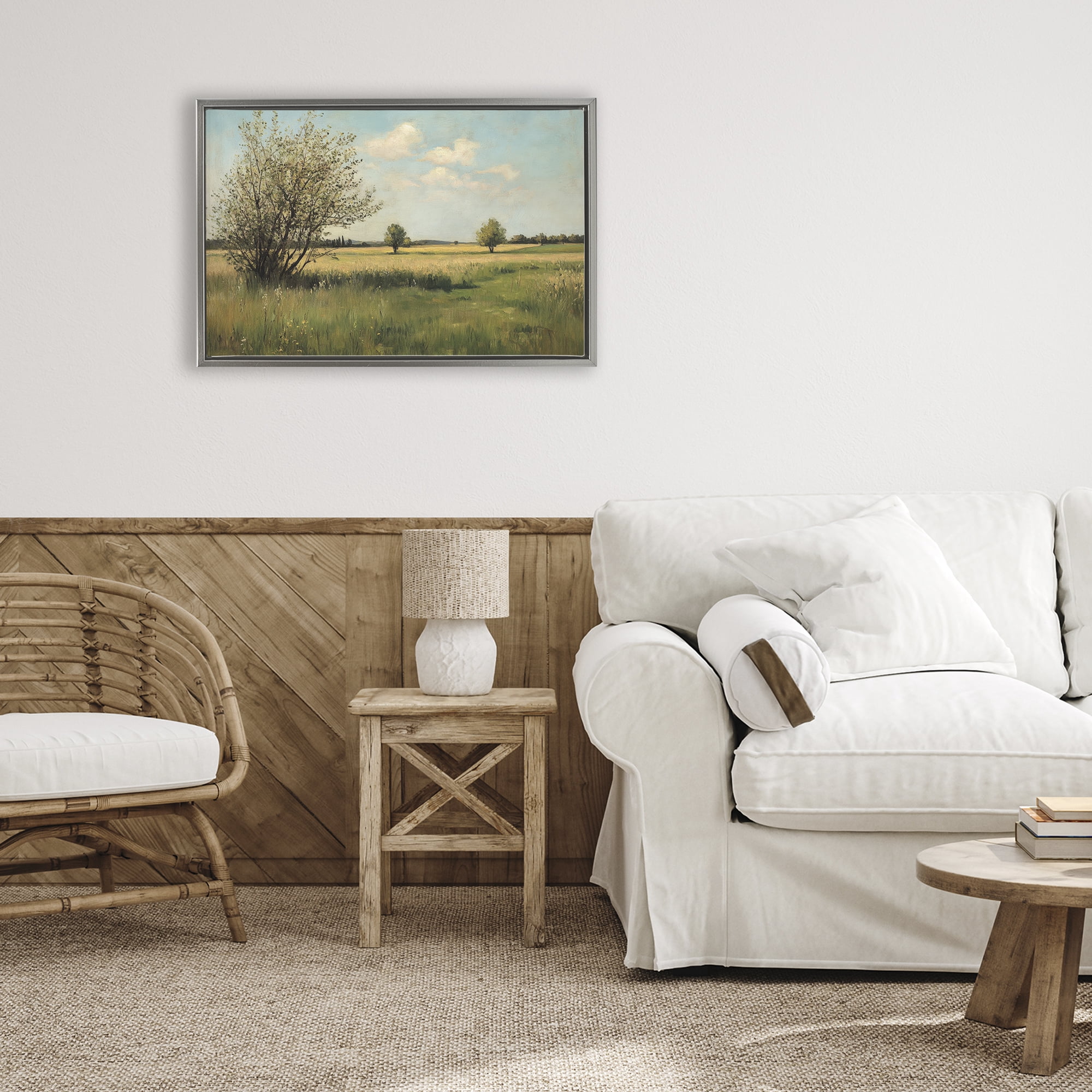 Stupell Industries Peaceful Meadow Under Serene Sky Gray Framed Floater Canvas Wall Art, design by Petal Prints Design