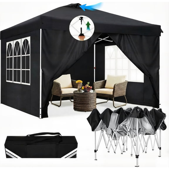 HOTEEL Canopy 10x10 Waterproof Pop up Canopy Tent with 4 Sidewalls Outdoor Event Shelter Tent for Parties Sun Shade Party Commercial Canopy with Air Vent & One Push Central Button, Black