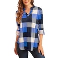 thumbnail image 3 of Uhndy Women Long Sleeve Plaid Tunic Shirt V Neck Pullover Blouse Tops Ladies New Fall Winter Roll-up Shirt Baggy Color Block Checked T Shirt Tops Blue 4XL, 3 of 5