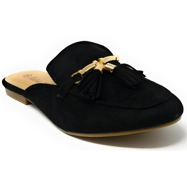 flat mules with tassels