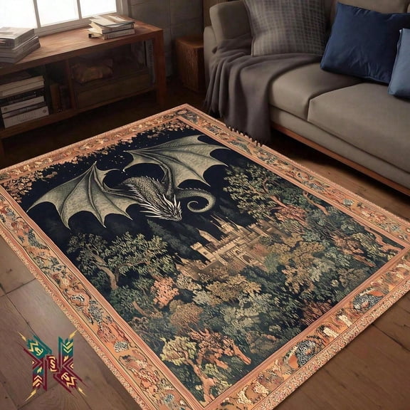 [Room Decor Rug]Dragon Tapestry Area Rug Medieval Castle And Forest Design, Mythical Fantasy Floor Mat For L