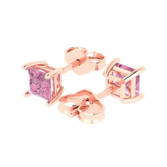 1.0 Ct Princess Cut Studs Pink Crystal 14K Rose Solid Gold Everyday Dainty Earrings Push Back