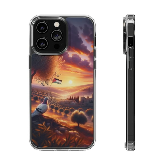 DistinctInk Hybrid (Acrylic / TPU) Clear Slim Fit Case for Apple iPhone 15 PLUS (6.7" Screen) - "Serenity and Hope: A Palestinian Sunset"