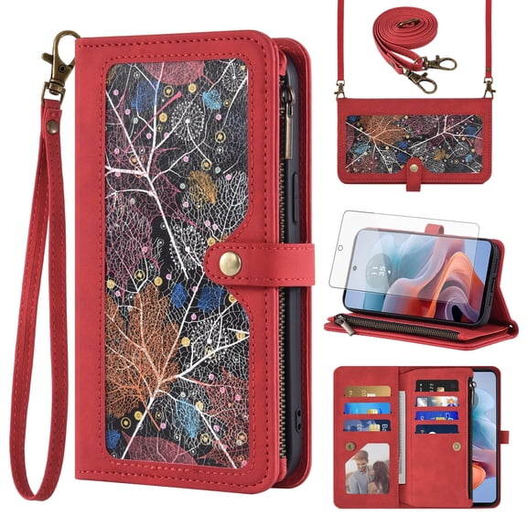 Asuwish Phone Case for Motorola Moto G34 5G Wallet Cover With Tempered Glass Screen Protector Crossbody Wrist Strap Flip Pattern Zipper Credit Card Holder Stand Slot Cell MotoG34 G 34 Women Men Red